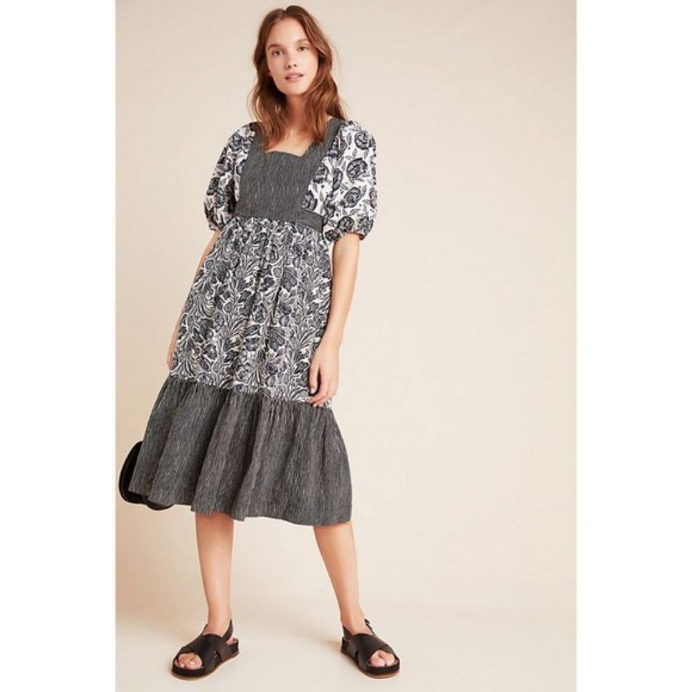 Anthropologie Striped Printed Floral Puff Sleeve Ruffle Hem Flounce Dress (NWT)